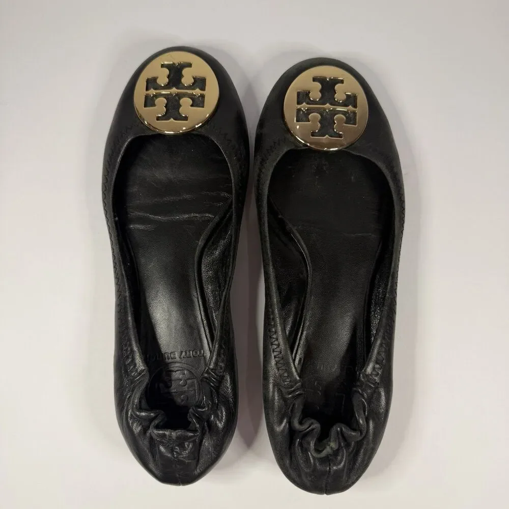 Tory Burch Leather Reva Ballet Flats Shoes Women 6.5 Black Gold Logo